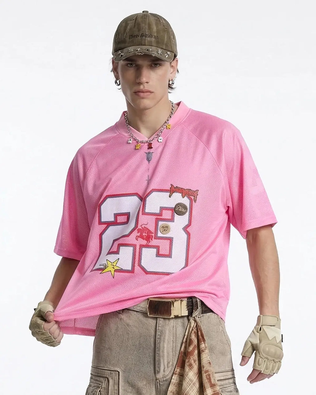 Pink mesh jersey T-shirt from Inflation Streetwear featuring bold number 23 design and lightweight breathable fabric.