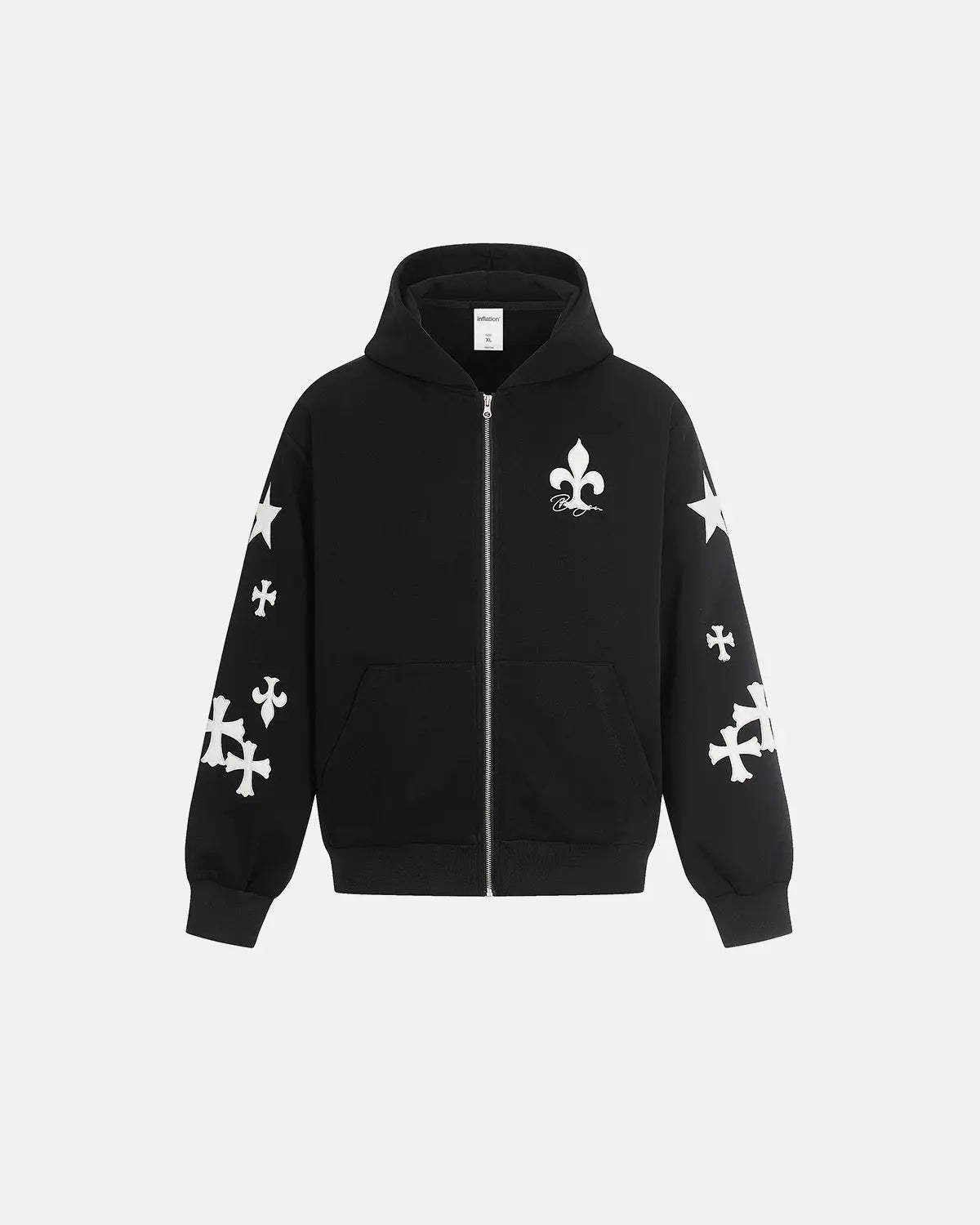 Inflation Streetwear Cross PU Patch embroidery zip-up hoodie with front pockets and adjustable drawstrings, black color.