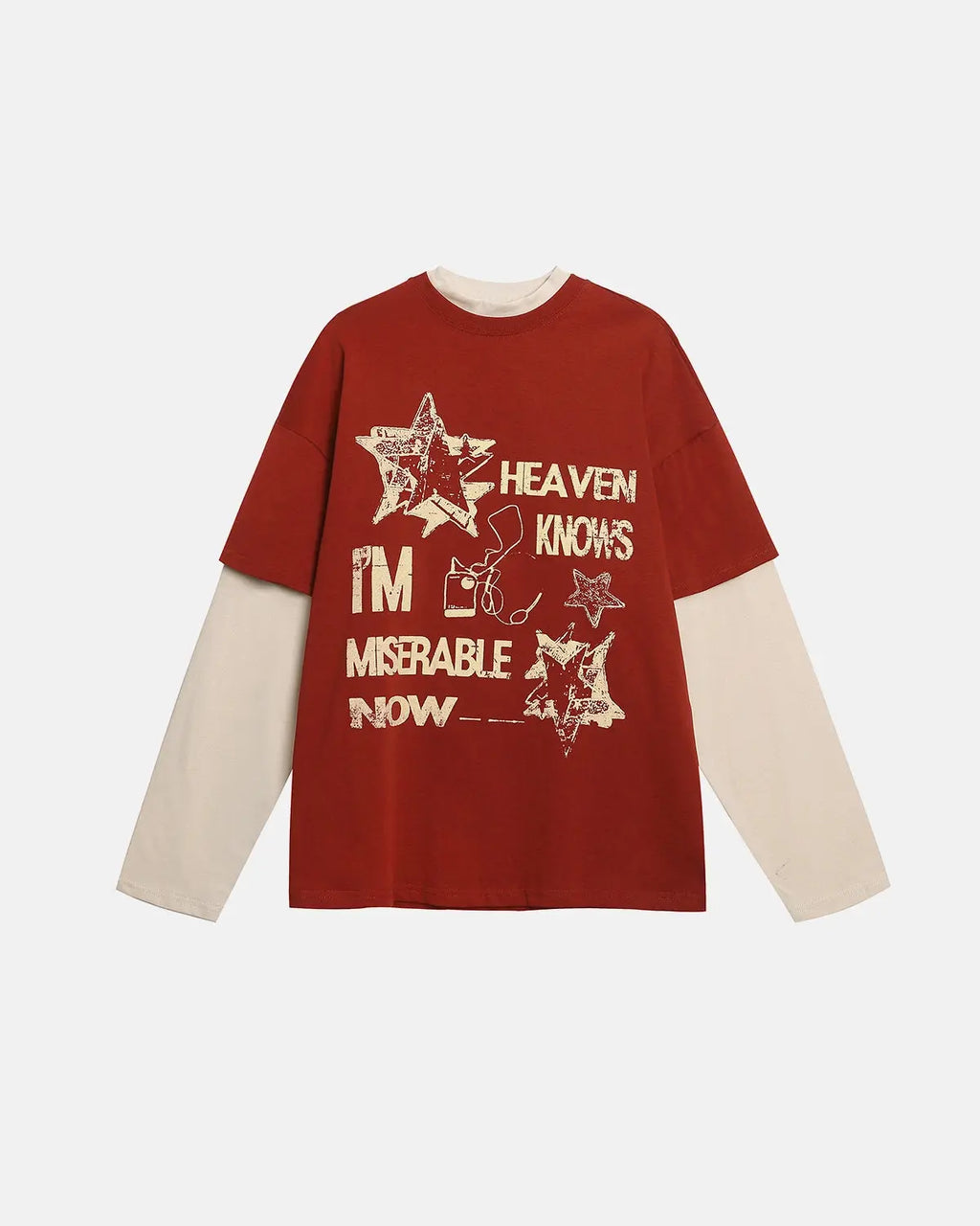 Vintage layered graphic long sleeve T-shirt by Inflation Streetwear featuring bold print and relaxed fit on a model.