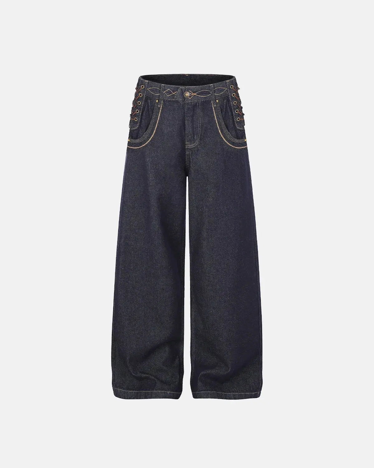 Inflation Streetwear side lace-up raw baggy jeans with distressed details and relaxed fit, shown on a model.