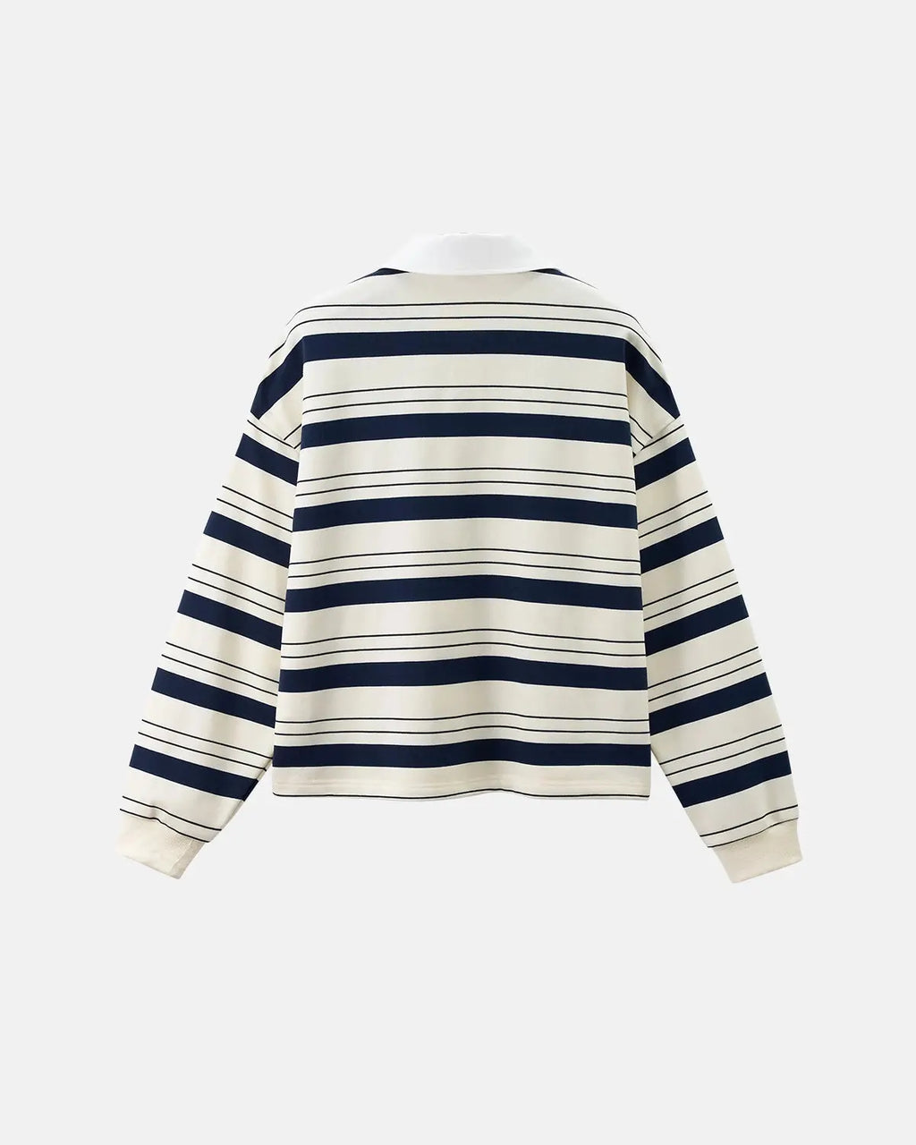 Inflation Streetwear striped rugby polo shirt, casual men's t-shirt with red, white, and blue horizontal stripes, classic collar.