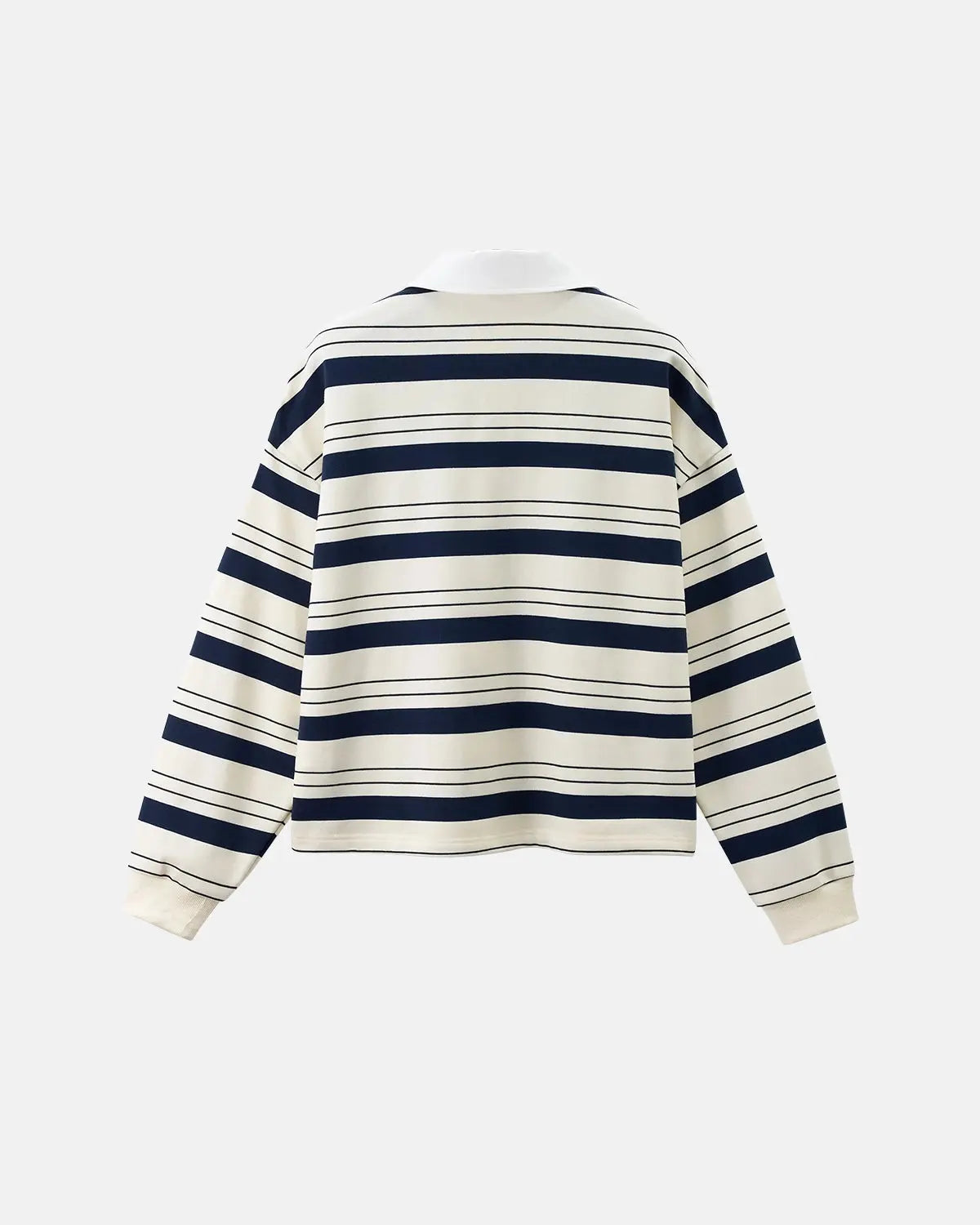 Inflation Streetwear striped rugby polo shirt, casual men's t-shirt with red, white, and blue horizontal stripes, classic collar.