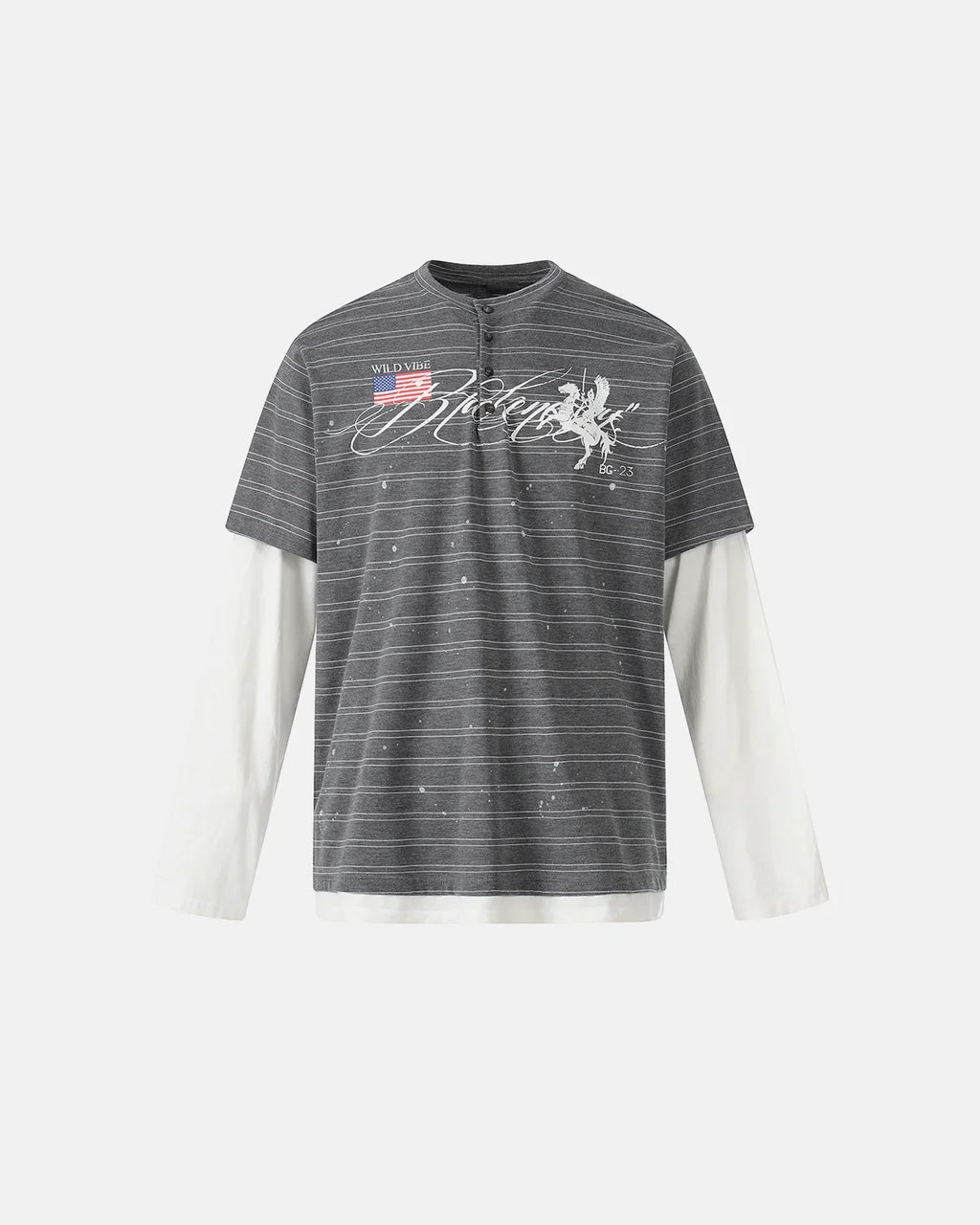 Inflation Streetwear layered Henley stripe T-shirt featuring a casual design with multiple stripe patterns and a Henley neckline.