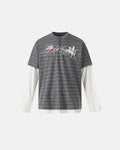 Inflation Streetwear layered Henley stripe T-shirt featuring a casual design with multiple stripe patterns and a Henley neckline.