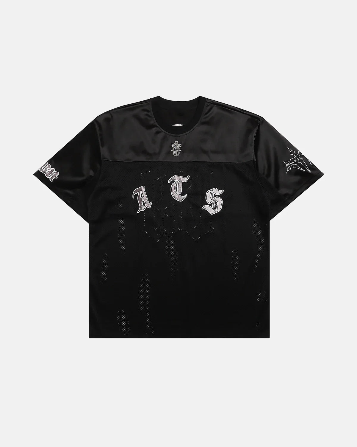 Black gothic embroidered mesh jersey t-shirt by INFLATION Streetwear with intricate embroidery and sheer mesh fabric.