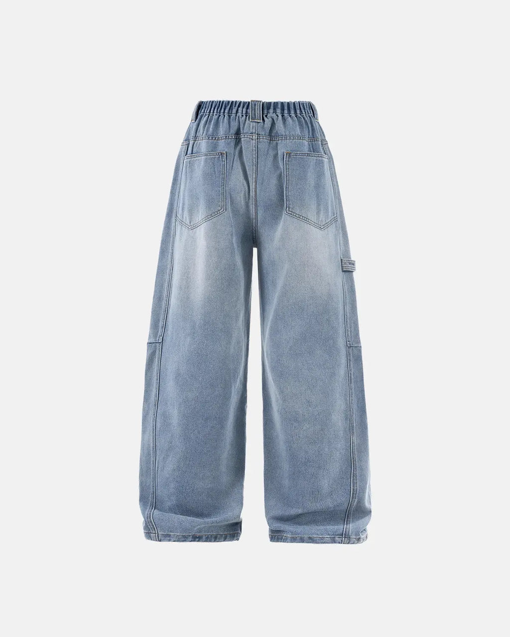 Distressed baggy cargo jeans by INFLATION featuring a relaxed fit, multiple cargo pockets, and a trendy streetwear style.