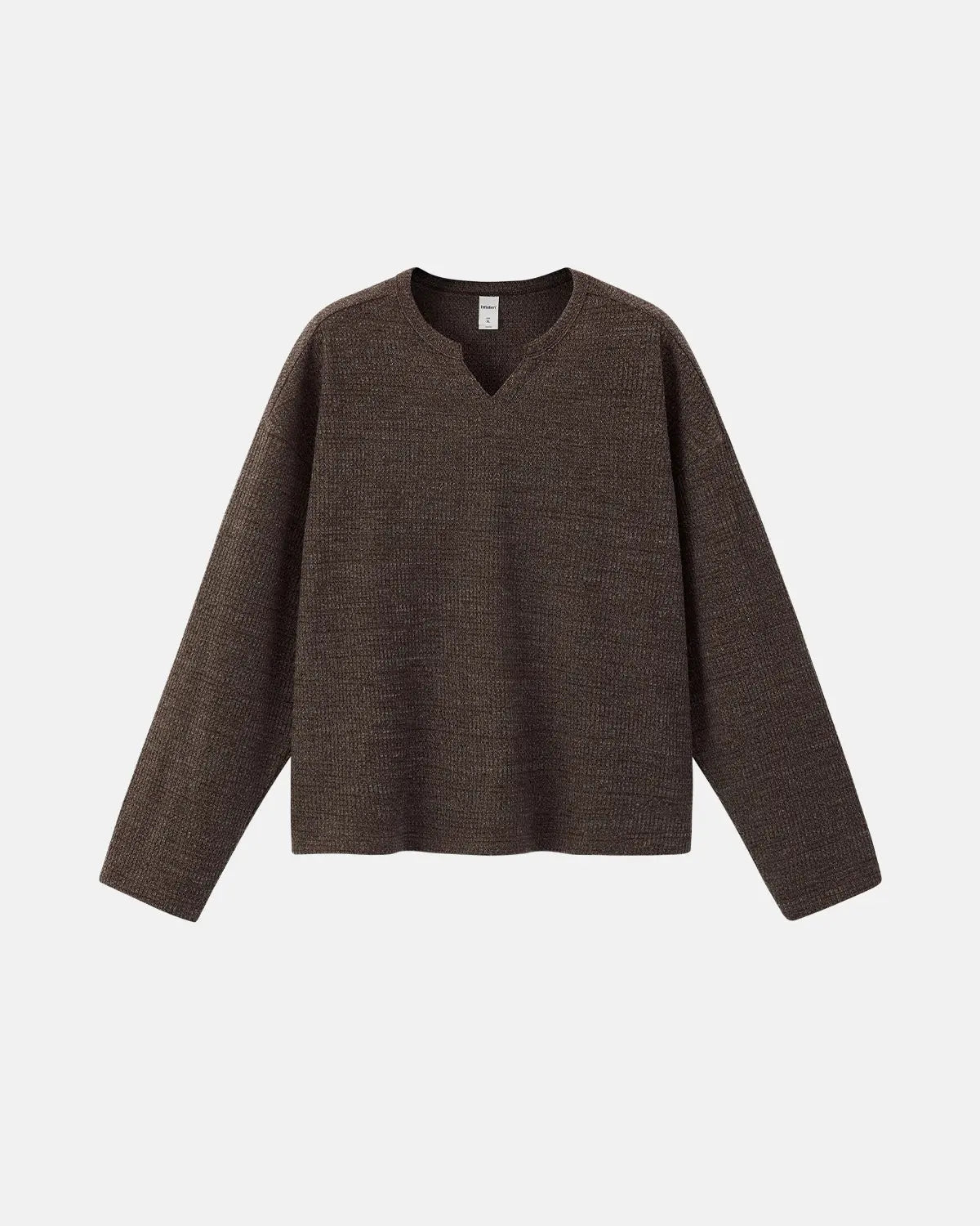 Inflation Streetwear V-neck long sleeve waffle T-shirt in neutral color, showcasing textured fabric and fitted silhouette.