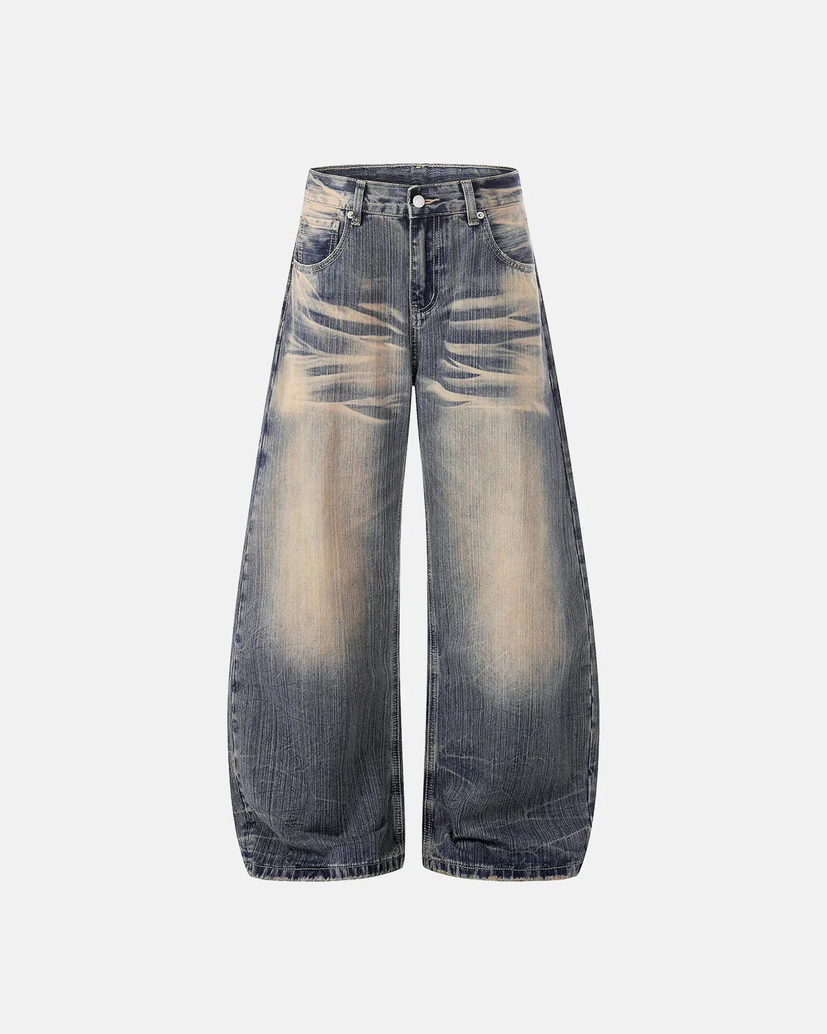 Inflation Streetwear Bamboo Weave Dirty Wash Barrel Jeans, men's casual denim with a distressed bamboo pattern and relaxed fit.