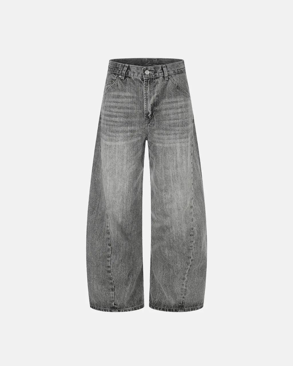 Inflation Streetwear bamboo weave barrel jeans, stylish denim pants with unique bamboo pattern and relaxed fit, front view.