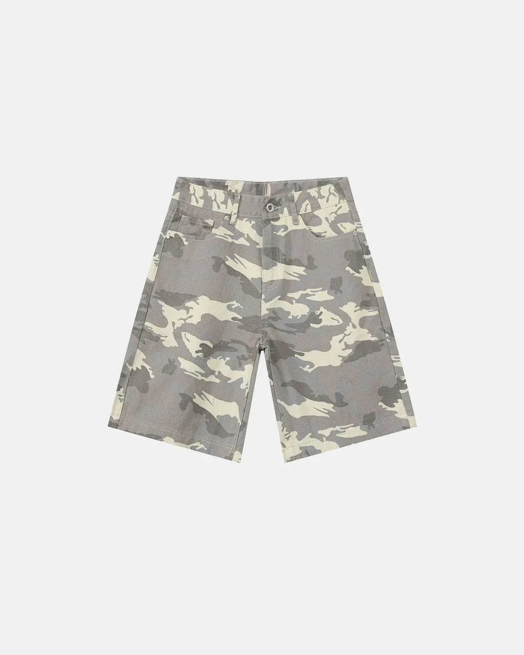 Washed knee-length denim jorts by INFLATION, casual streetwear pants with a relaxed fit and frayed hem, perfect for summer style.