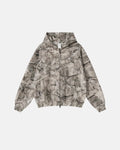 Inflation Streetwear Realtree camo zip-up hoodie with front pockets and drawstring hood, showcasing a camouflage pattern and casual style.