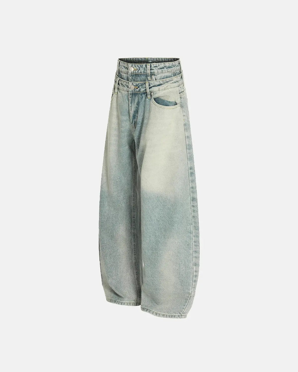 Acid washed baggy jeans with double waist design from INFLATION streetwear, featuring a relaxed fit and distressed detailing.