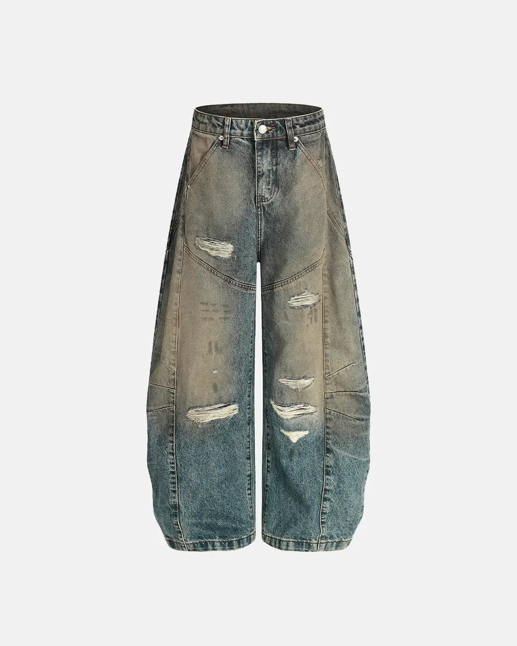 Distressed dirty wash barrel jeans by INFLATION showing frayed hems, faded denim, and relaxed fit on a model.