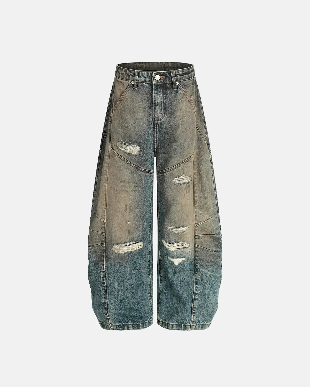 Distressed dirty wash barrel jeans by INFLATION showing frayed hems, faded denim, and relaxed fit on a model.