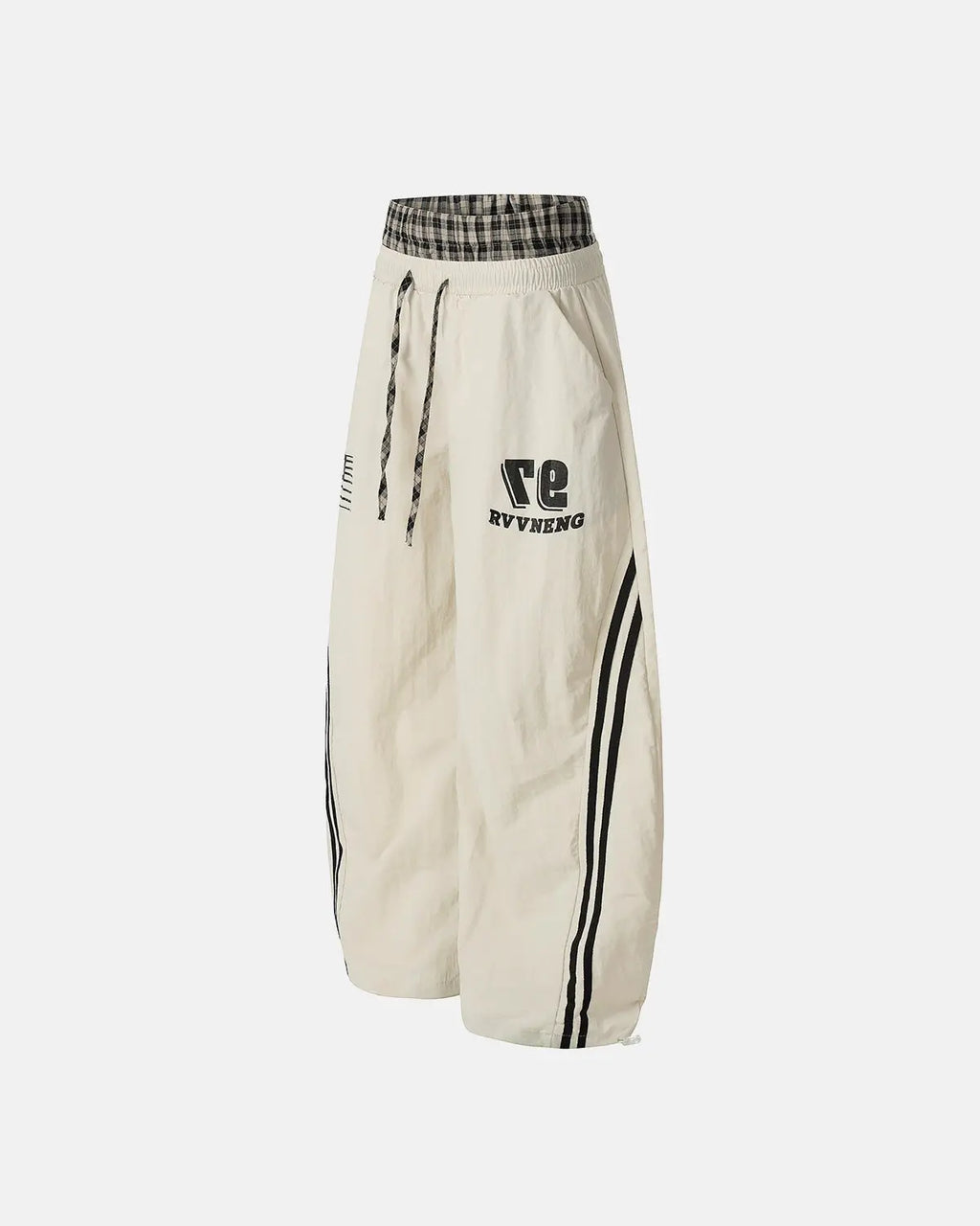 Inflation Streetwear plaid double waist baggy track pants showing a relaxed fit with a plaid pattern and elastic waistband.