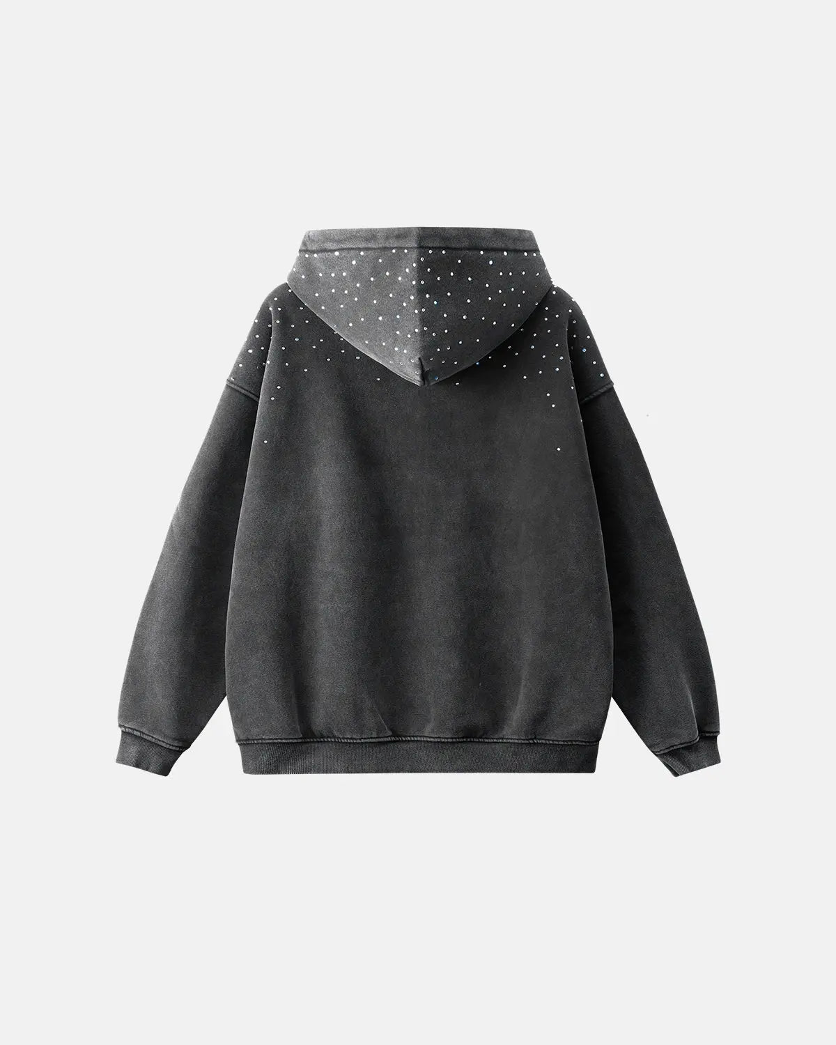 Distressed washed rhinestone zip-up hoodie from INFLATION Streetwear, featuring a casual fit with rhinestone detailing and a front zipper.
