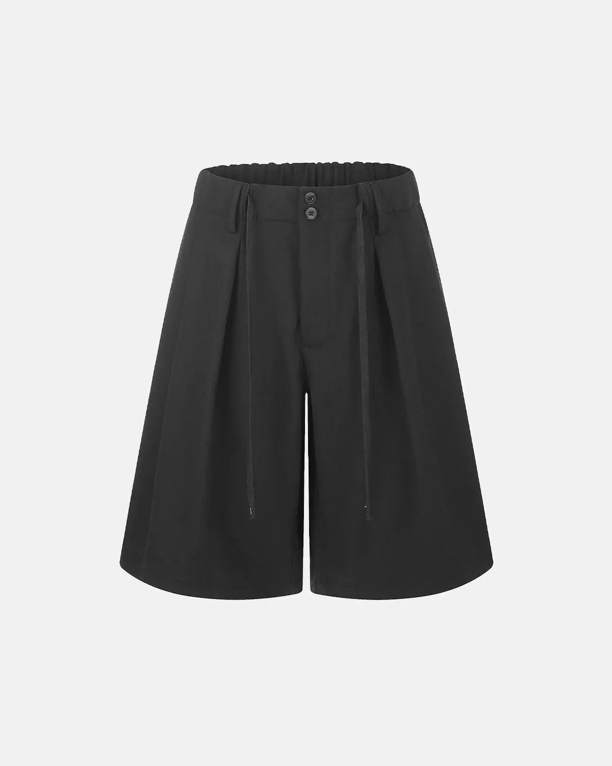 Inflation Streetwear drawstring wide-leg tailored shorts in neutral fabric, featuring a relaxed fit and adjustable waist.