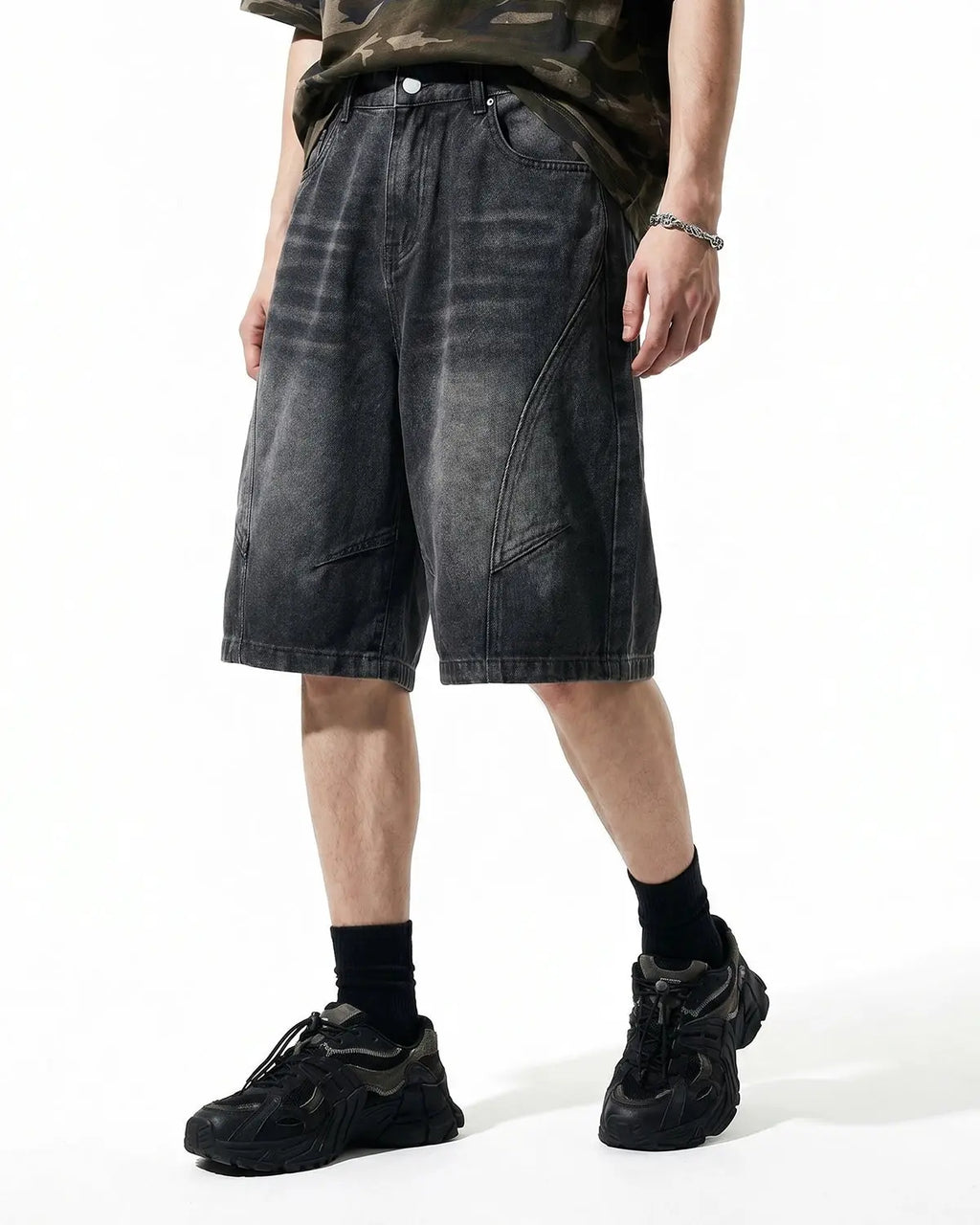 Inflation Streetwear structured washed denim shorts, casual pants with a distressed denim finish and relaxed fit.