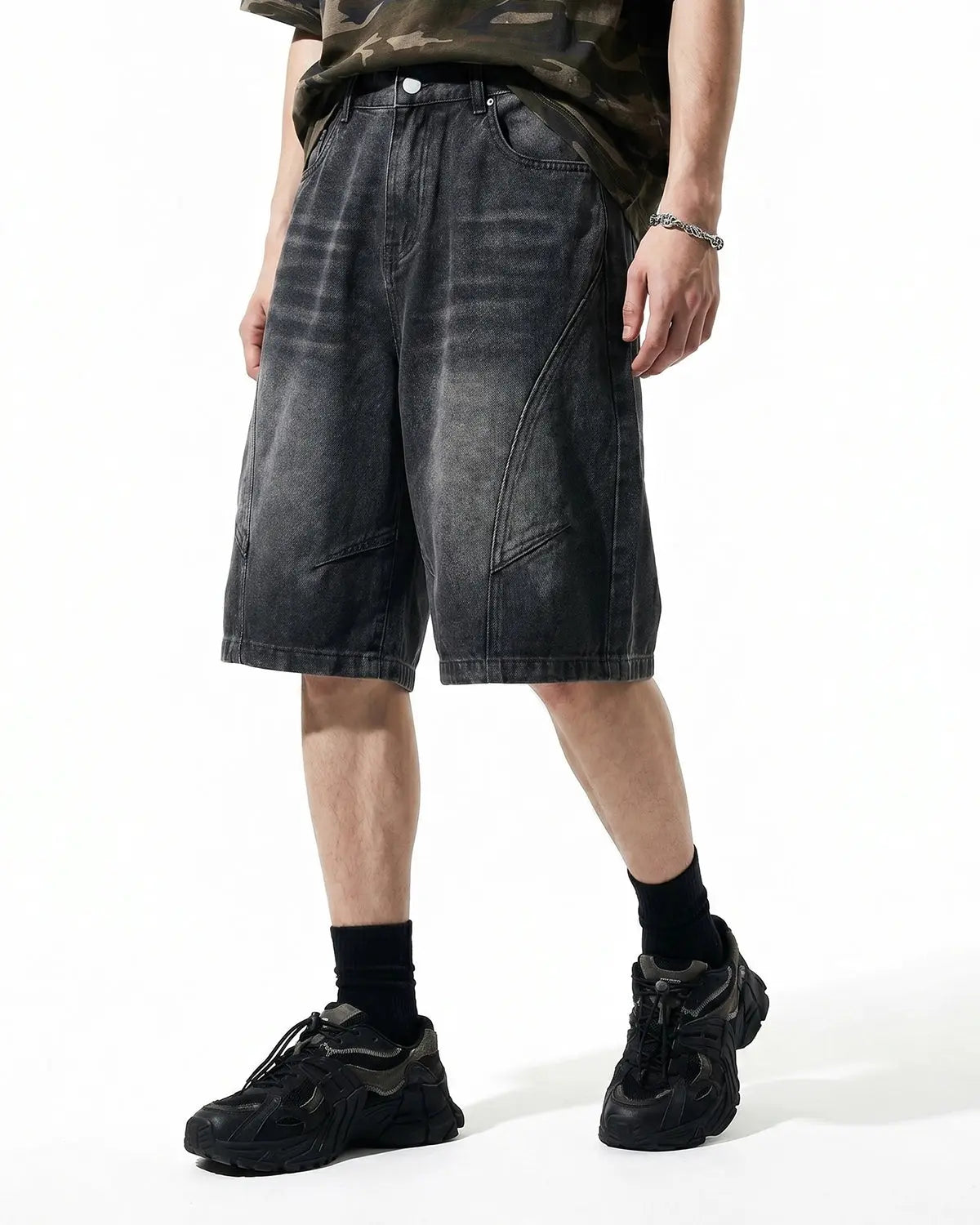 Inflation Streetwear structured washed denim shorts, casual pants with a distressed denim finish and relaxed fit.