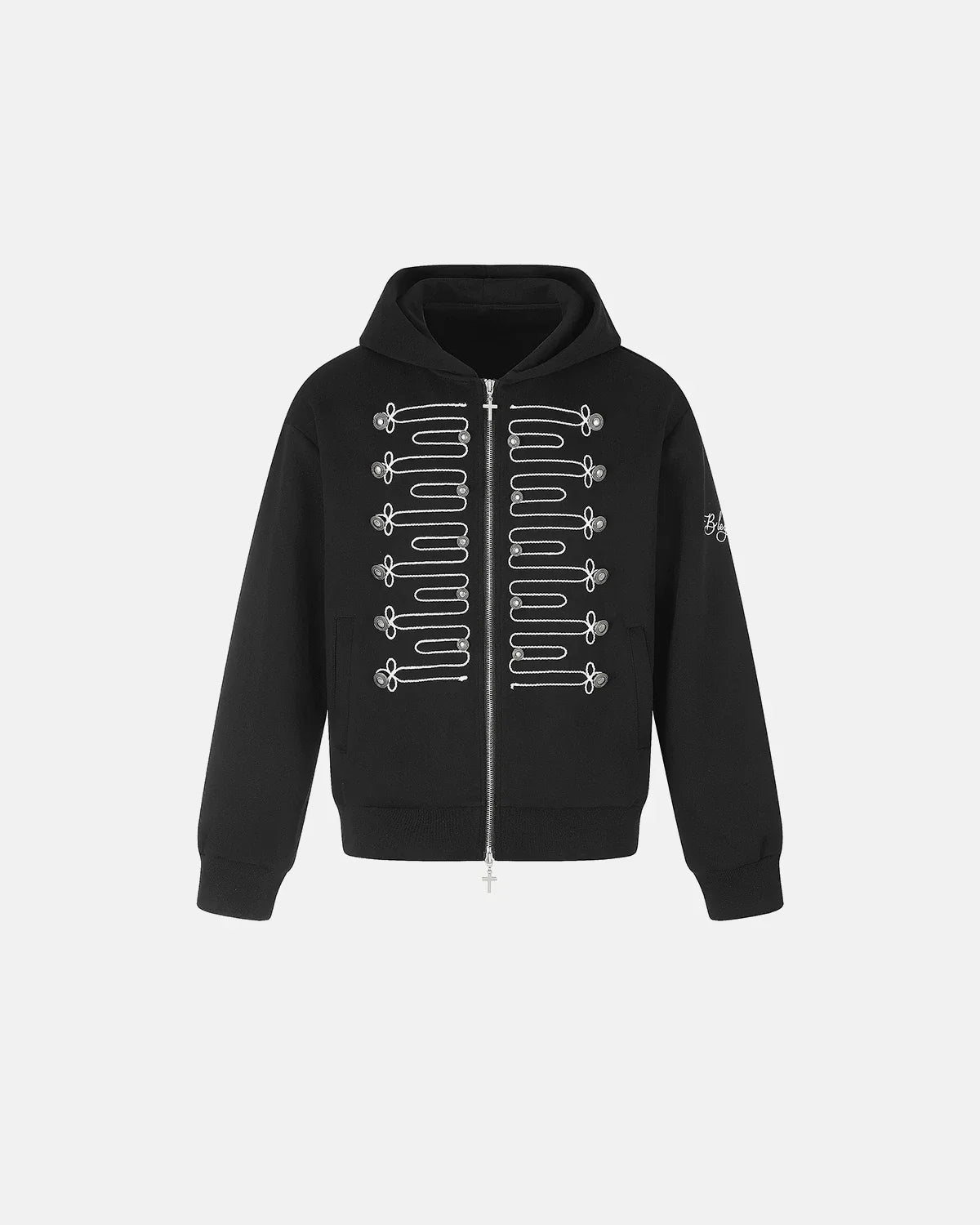 Inflation Streetwear braided embroidery boxy zip-up hoodie with front pockets and adjustable hood, in a casual streetwear style.