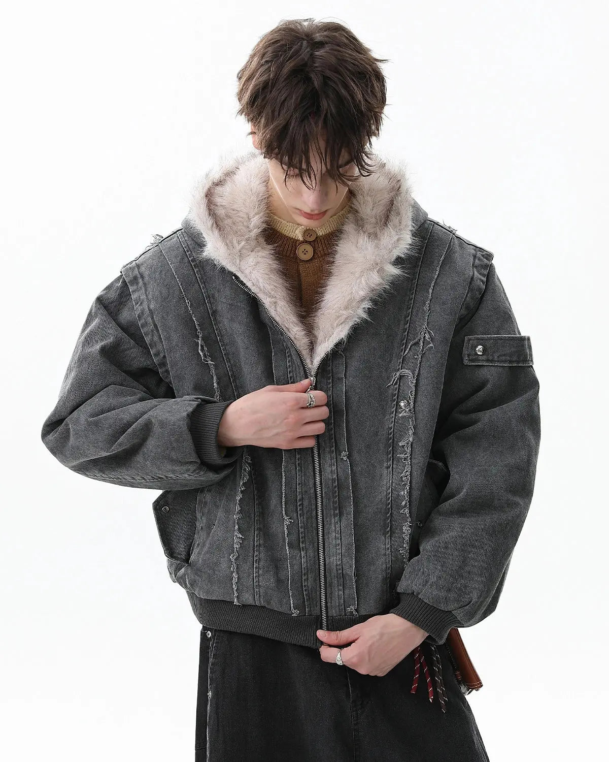 Inflation Streetwear faux fur-lined washed hooded jacket with a relaxed fit and casual style, shown on a model.