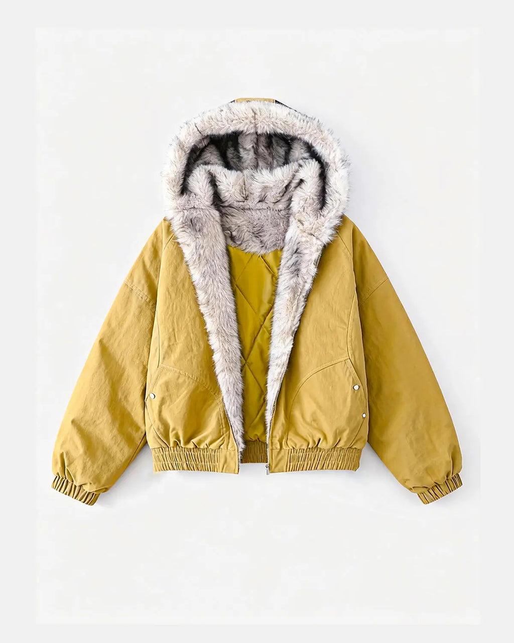 Inflation streetwear faux fur lined padded bomber jacket with quilted design and front zipper, stylish winter outerwear for men and women.