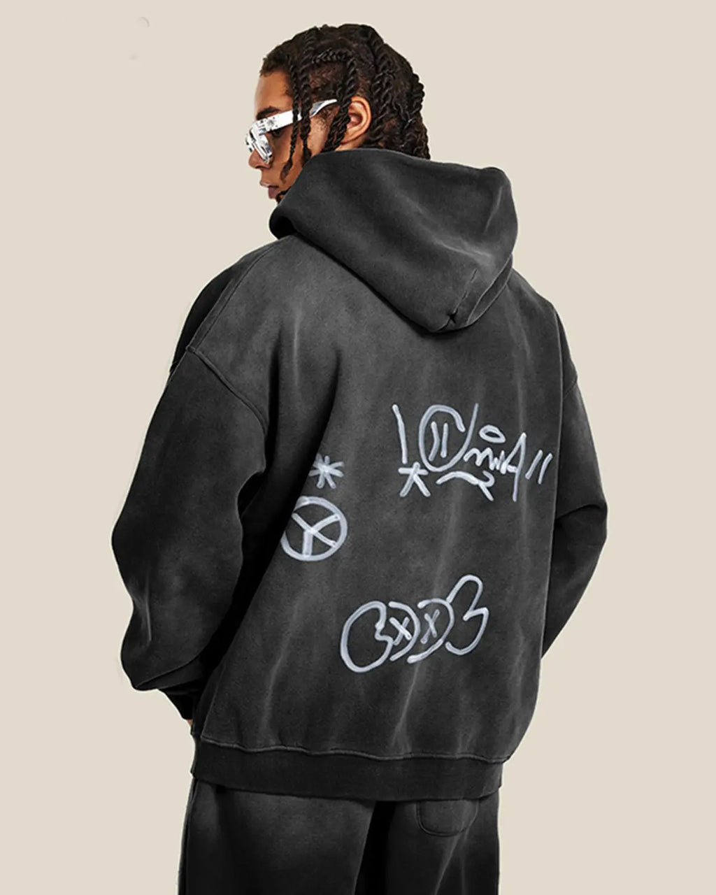 INFLATION graffiti washed zip-up hoodie featuring colorful graffiti design and casual fit, displayed on a hanger.