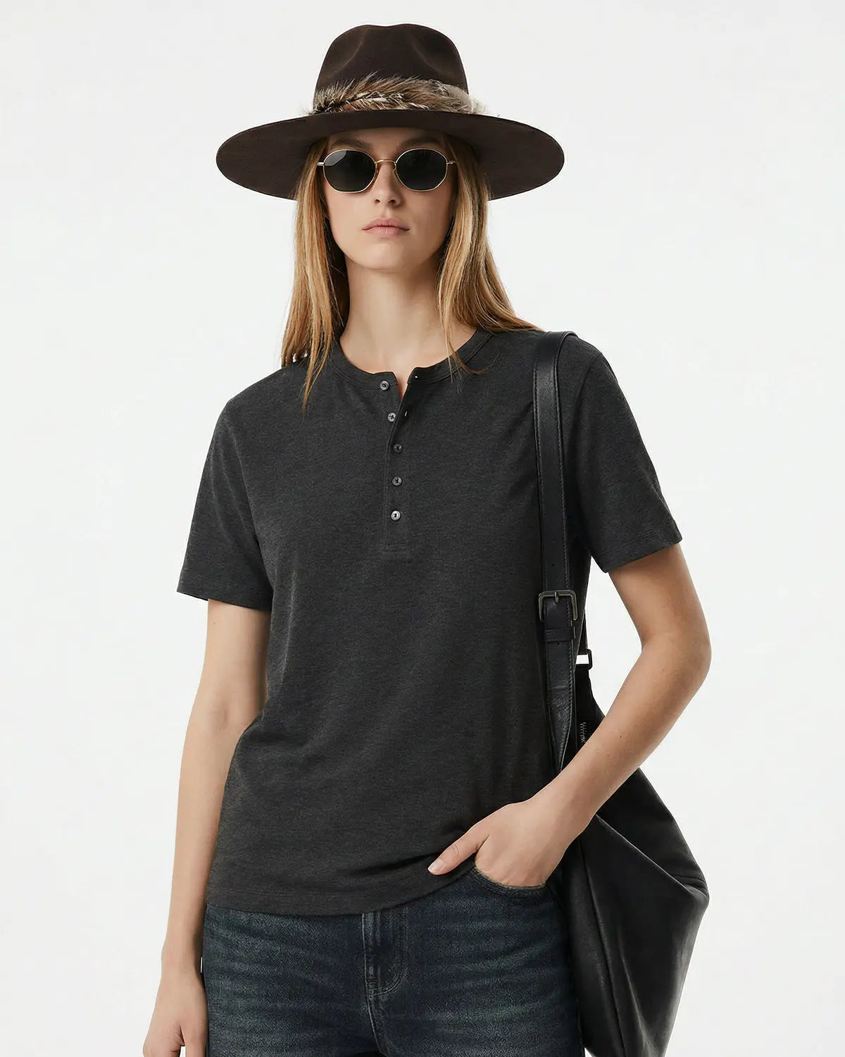Old Money Relaxed Henley T-Shirt by INFLATION, casual men's tshirt in neutral fabric with buttoned neckline.