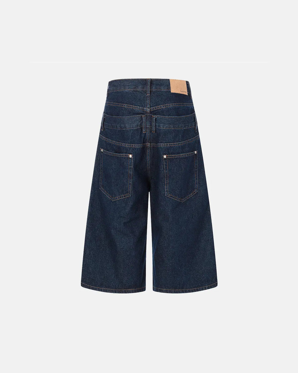 Inflation Double Waist Studded Denim Long Jorts, stylish pants with studded details and a double waist design, worn casually.