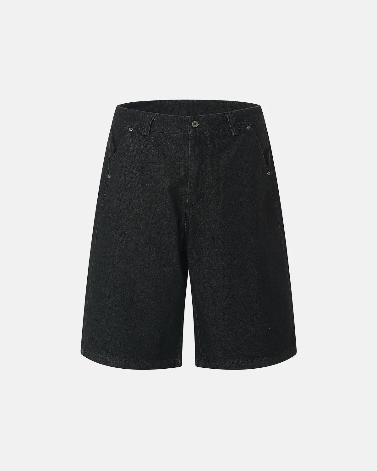 Black baggy long jorts by INFLATION, casual streetwear denim shorts with a loose fit, shown in a fashion image.