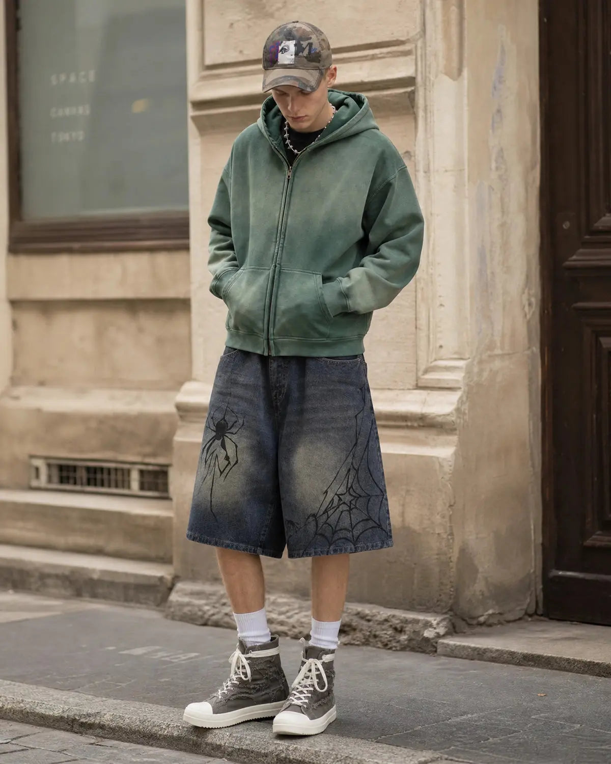 Inflation Spider Straight Leg Jorts, casual denim pants with distressed details, featuring a relaxed fit and stylish streetwear design.