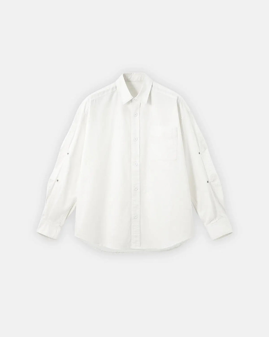 Acid wash cargo shirt jacket by INFLATION, streetwear style with multiple pockets and rugged design, displayed on a hanger.