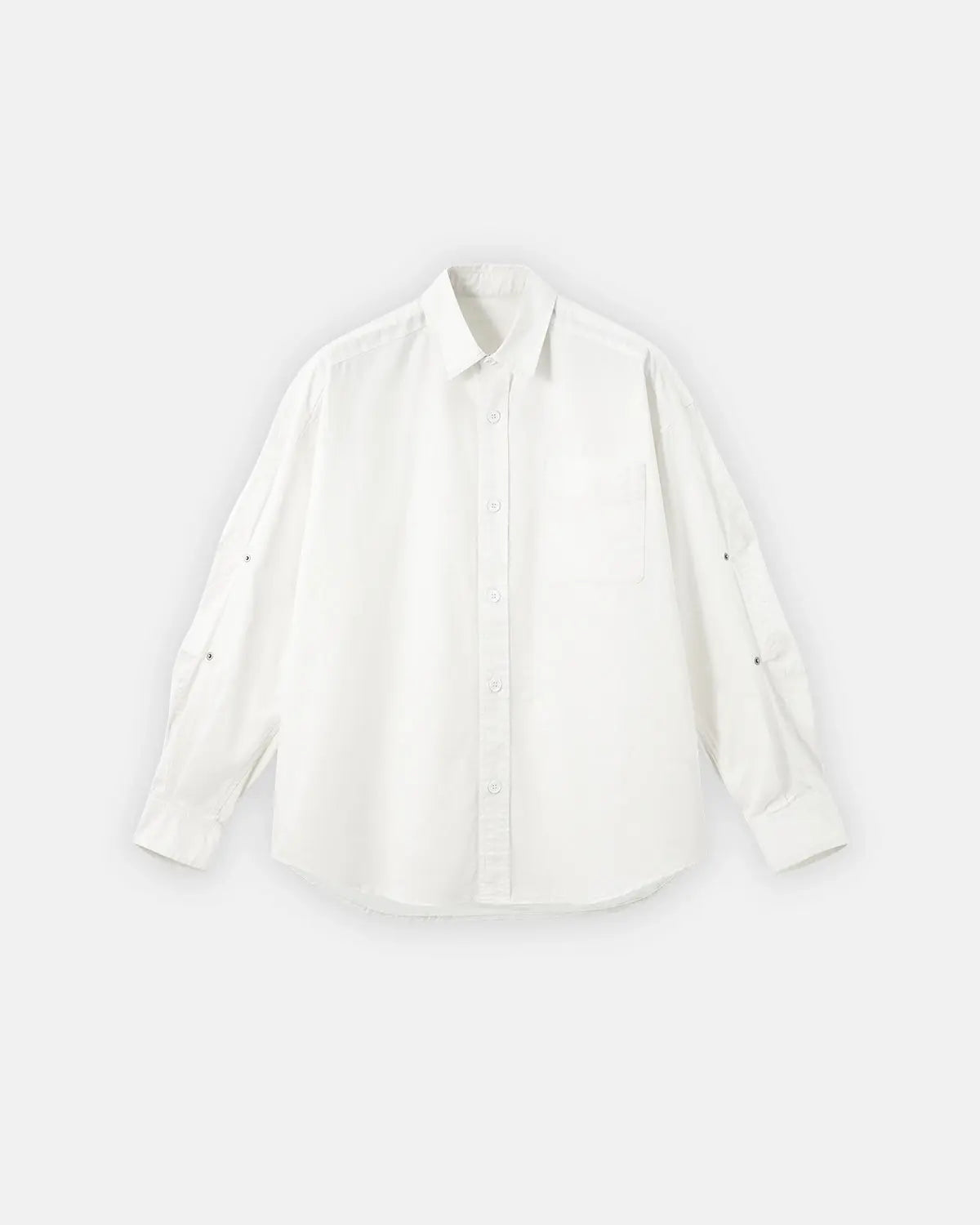Acid wash cargo shirt jacket by INFLATION, streetwear style with multiple pockets and rugged design, displayed on a hanger.