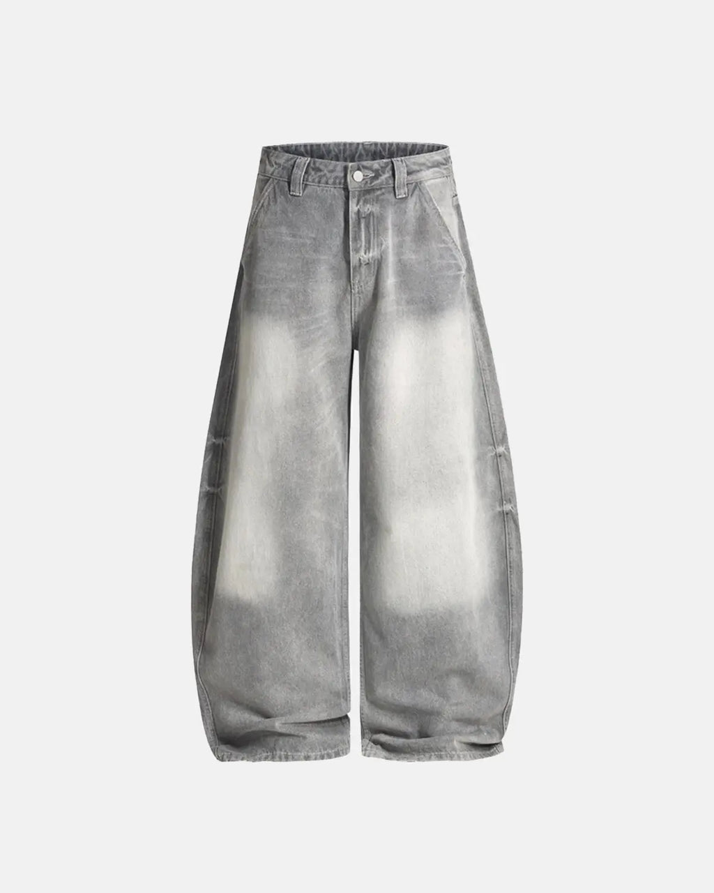 Blue acid wash barrel jeans by INFLATION Streetwear, featuring a relaxed fit and distressed denim style.