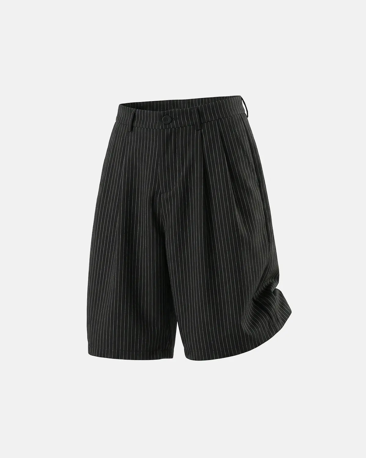 Inflation Streetwear pinstripe pleated tailored shorts, stylish pants with a high waist and fitted design, displayed on a hanger.