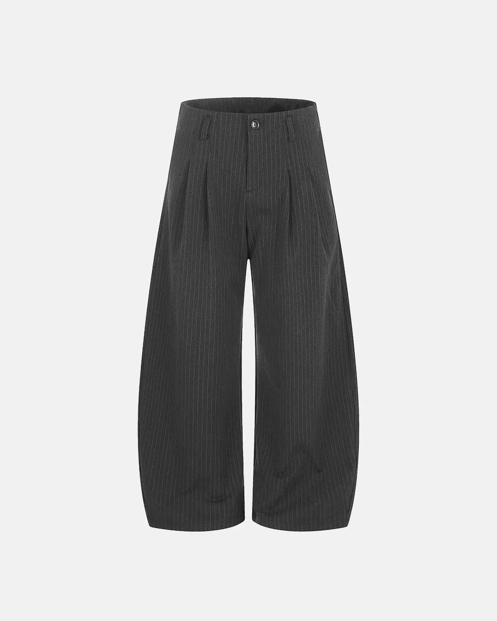 Inflation Pinstripe Pleated Barrel Pants showing tailored fit, high waist, and pinstripe design on lightweight fabric.