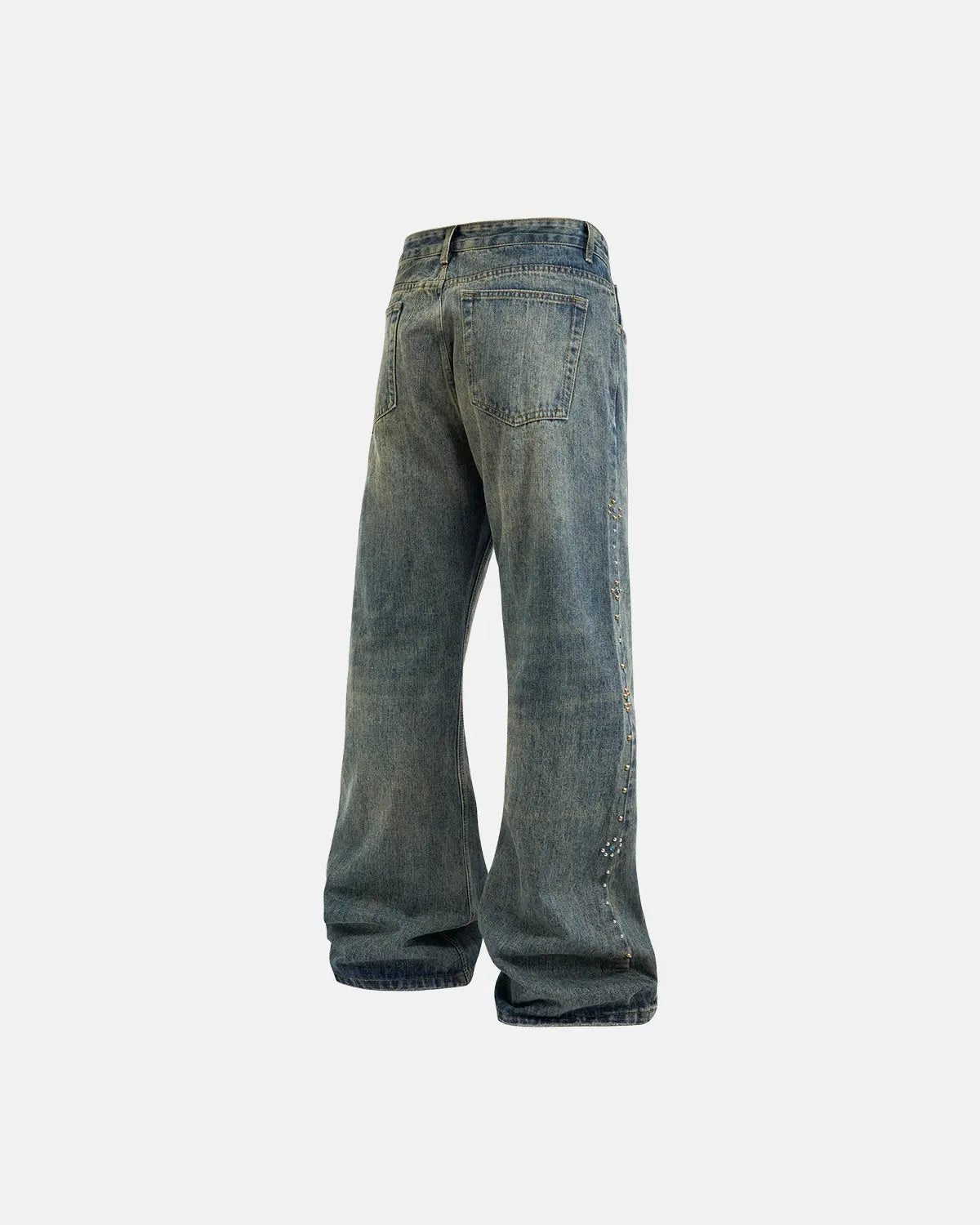 Acid wash beaded studded flared baggy jeans by INFLATION with a relaxed fit and streetwear style, featuring beaded and studded embellishments.