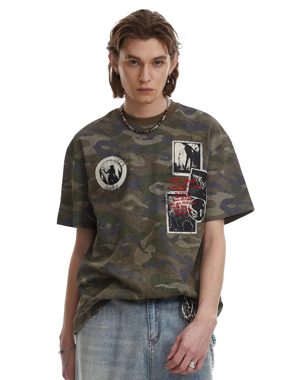 Vintage Camo Patch Graphic T-Shirt by INFLATION featuring camouflage patterns and bold patch designs, casual streetwear style.
