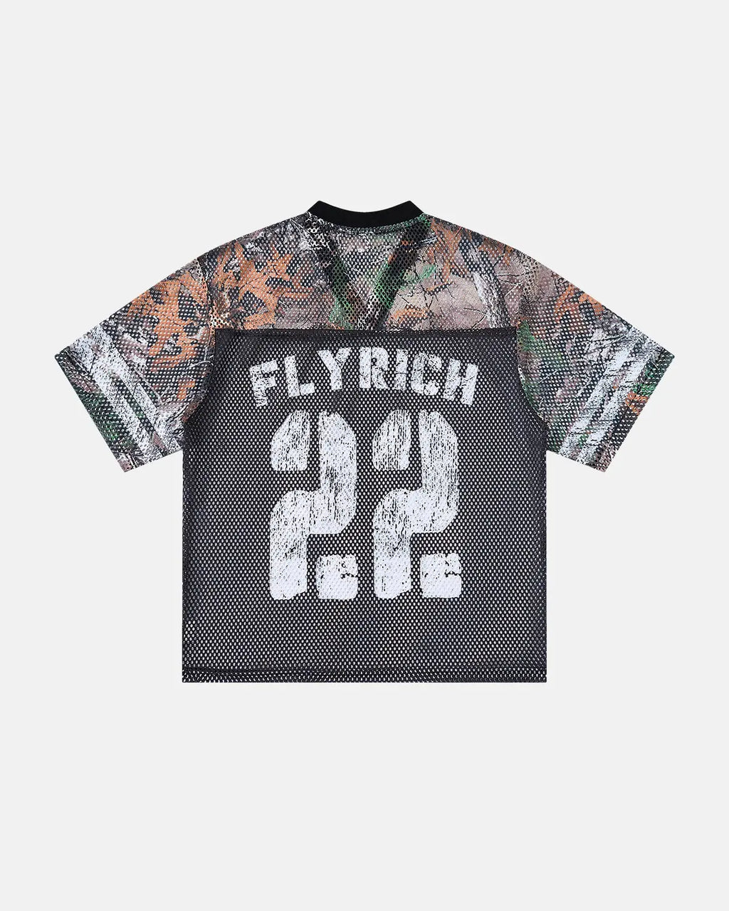 Camo mesh digital print jersey tee by INFLATION Streetwear featuring a camouflage pattern and breathable fabric.