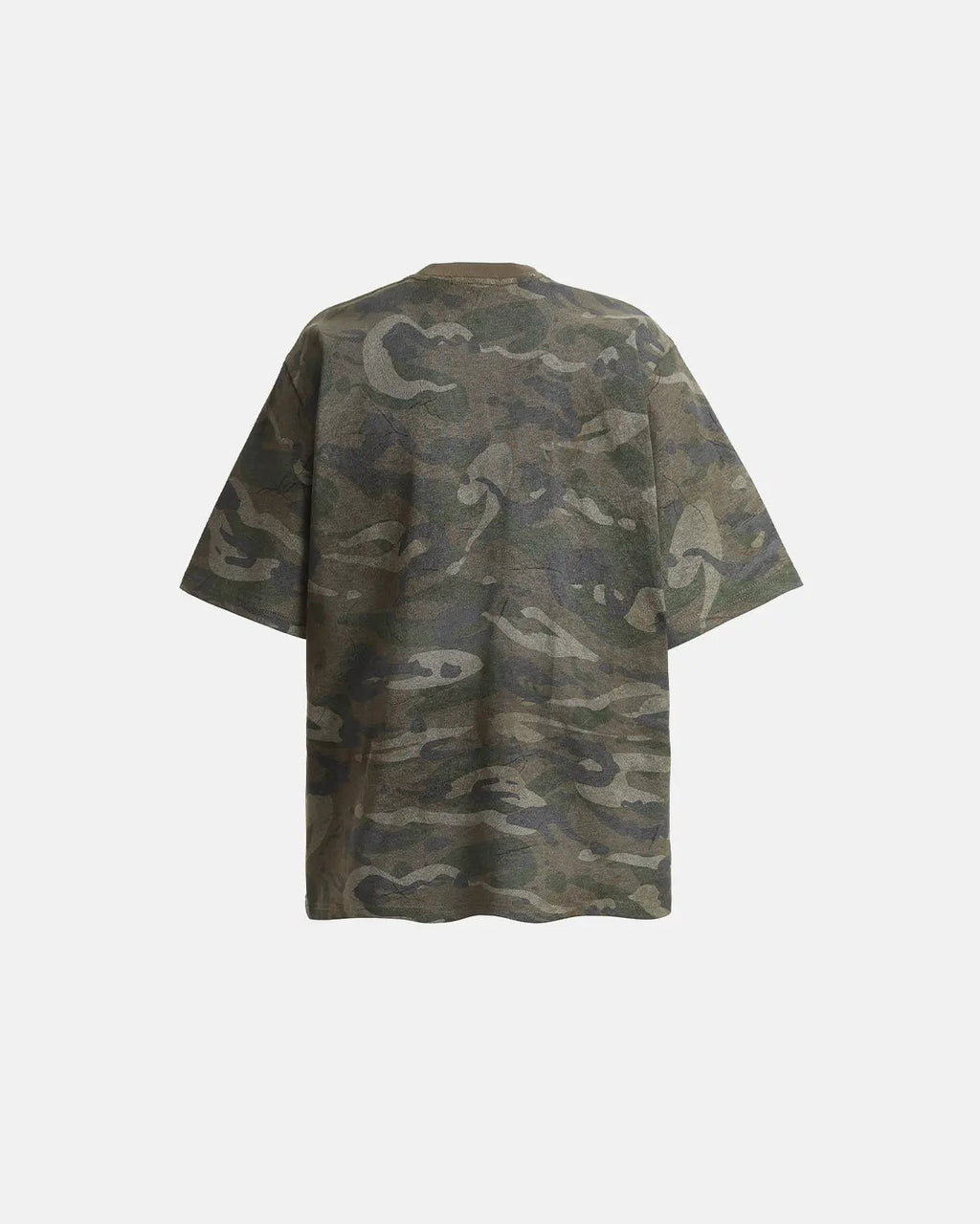 Vintage camo patch graphic T-shirt by INFLATION featuring a bold camouflage design and streetwear style.