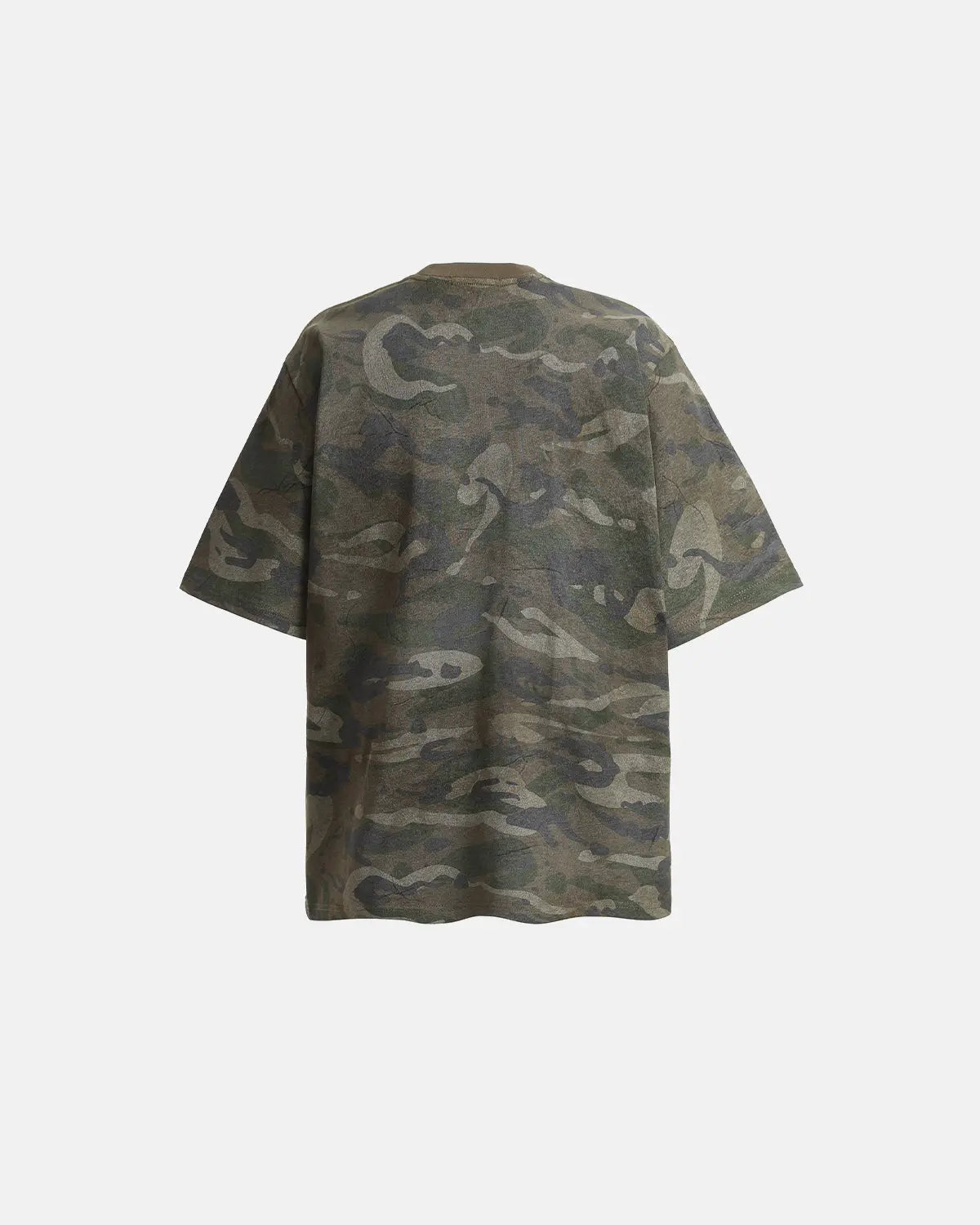 Vintage camo patch graphic T-shirt by INFLATION featuring a bold camouflage design and streetwear style.