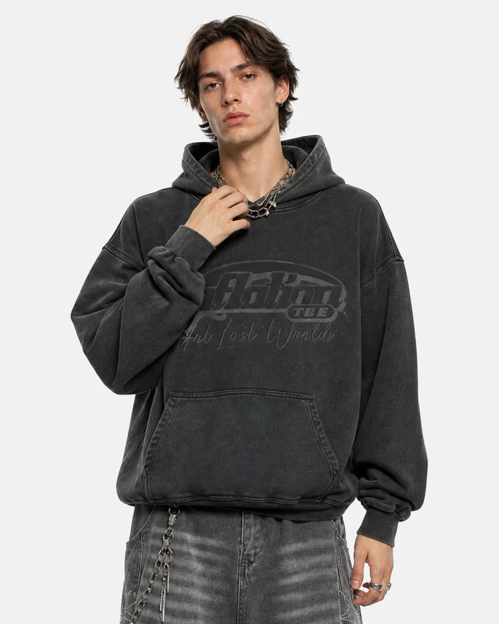 Graphic Washed Hoodie by INFLATION Streetwear featuring a stylish, distressed design and comfortable fit in a casual style.