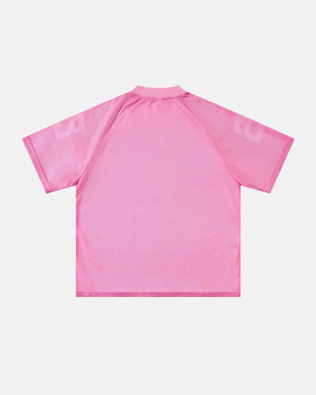 Pink mesh jersey t-shirt from INFLATION's Number 23 collection, featuring a lightweight, breathable fabric with bold style.