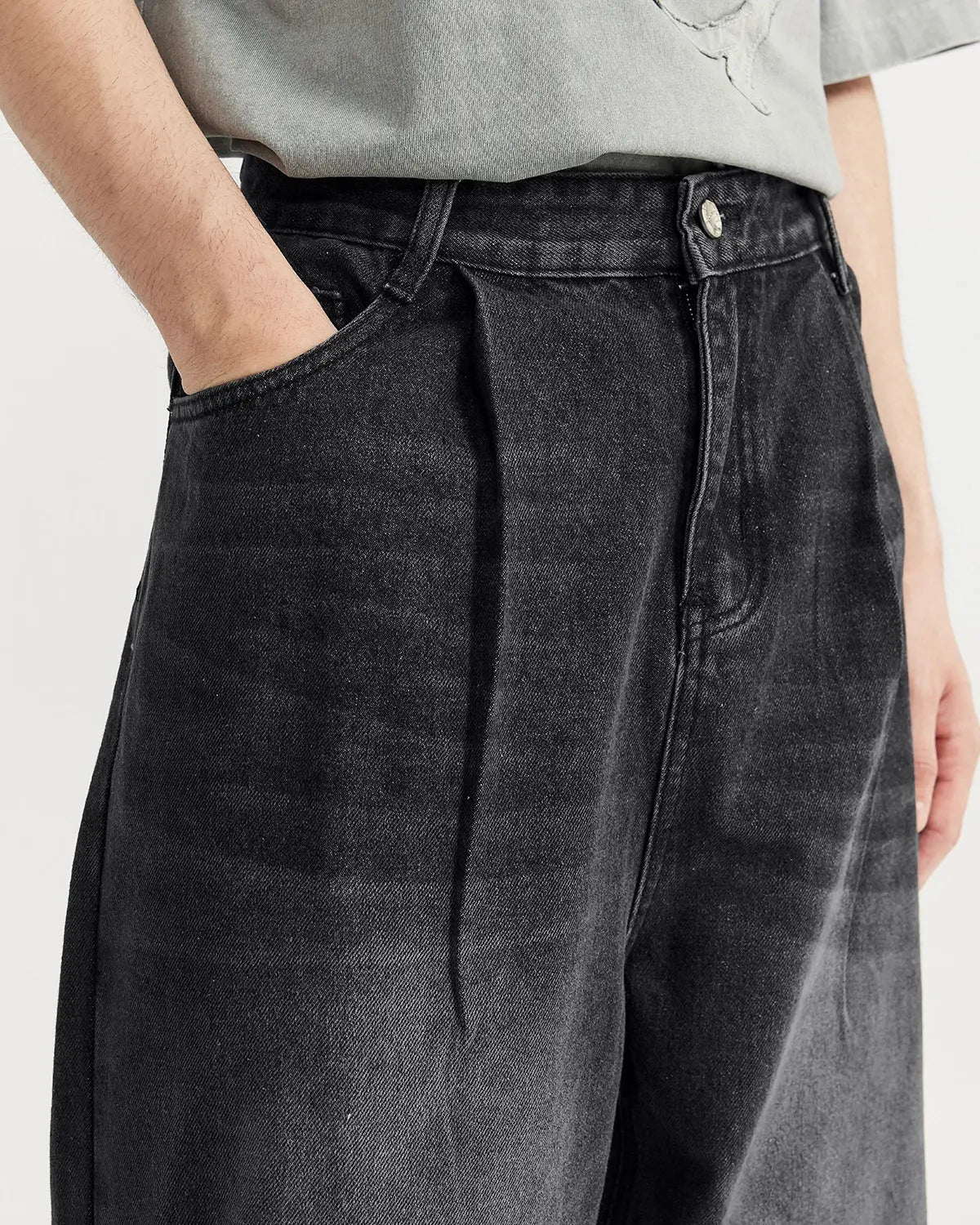Inflation Chill Wide Leg Denim Pants with relaxed fit and classic blue denim, styled with a casual streetwear look.