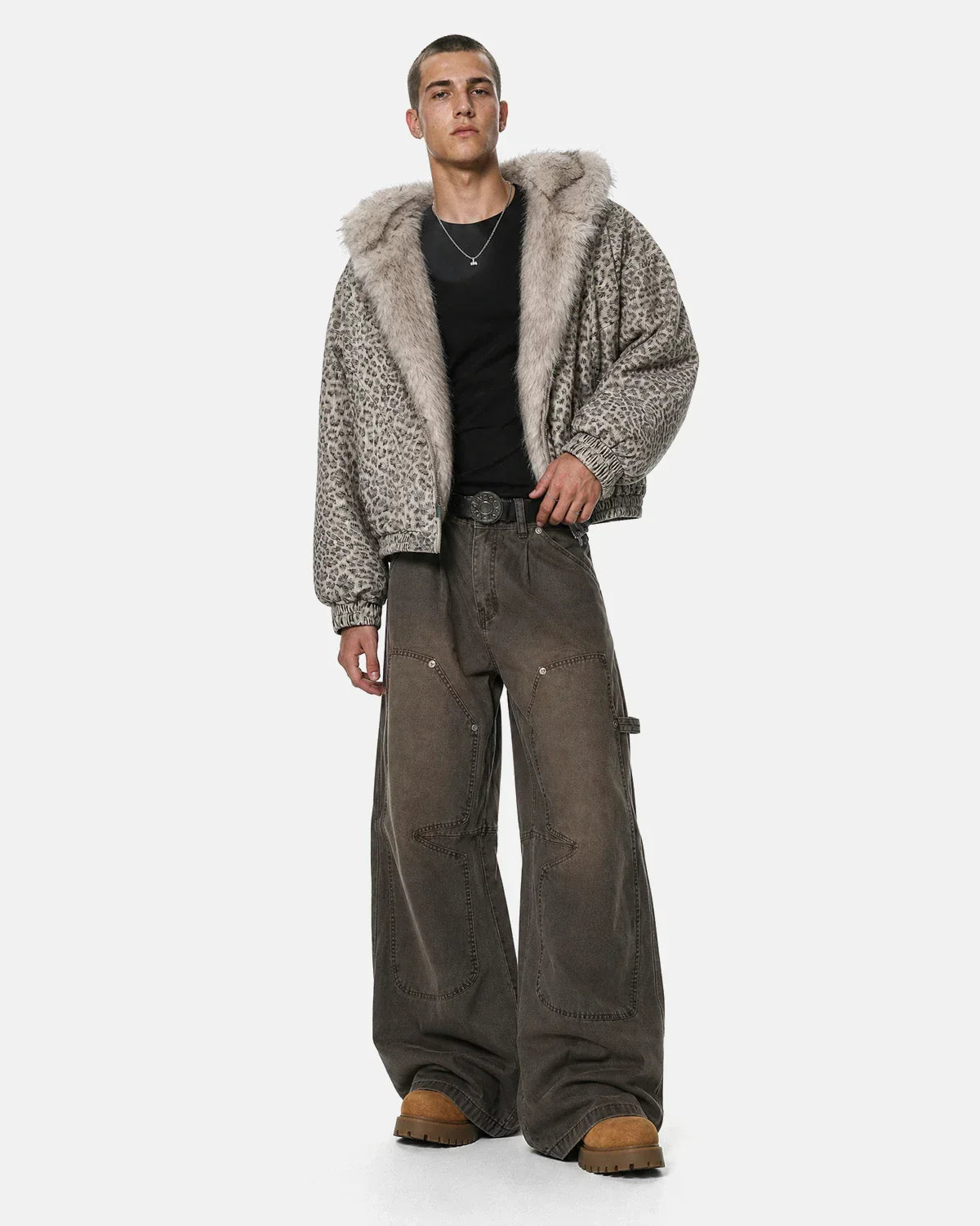 Inflation Leopard Faux Fur Lined Bomber Jacket with stylish leopard print and cozy faux fur collar, streetwear fashion.