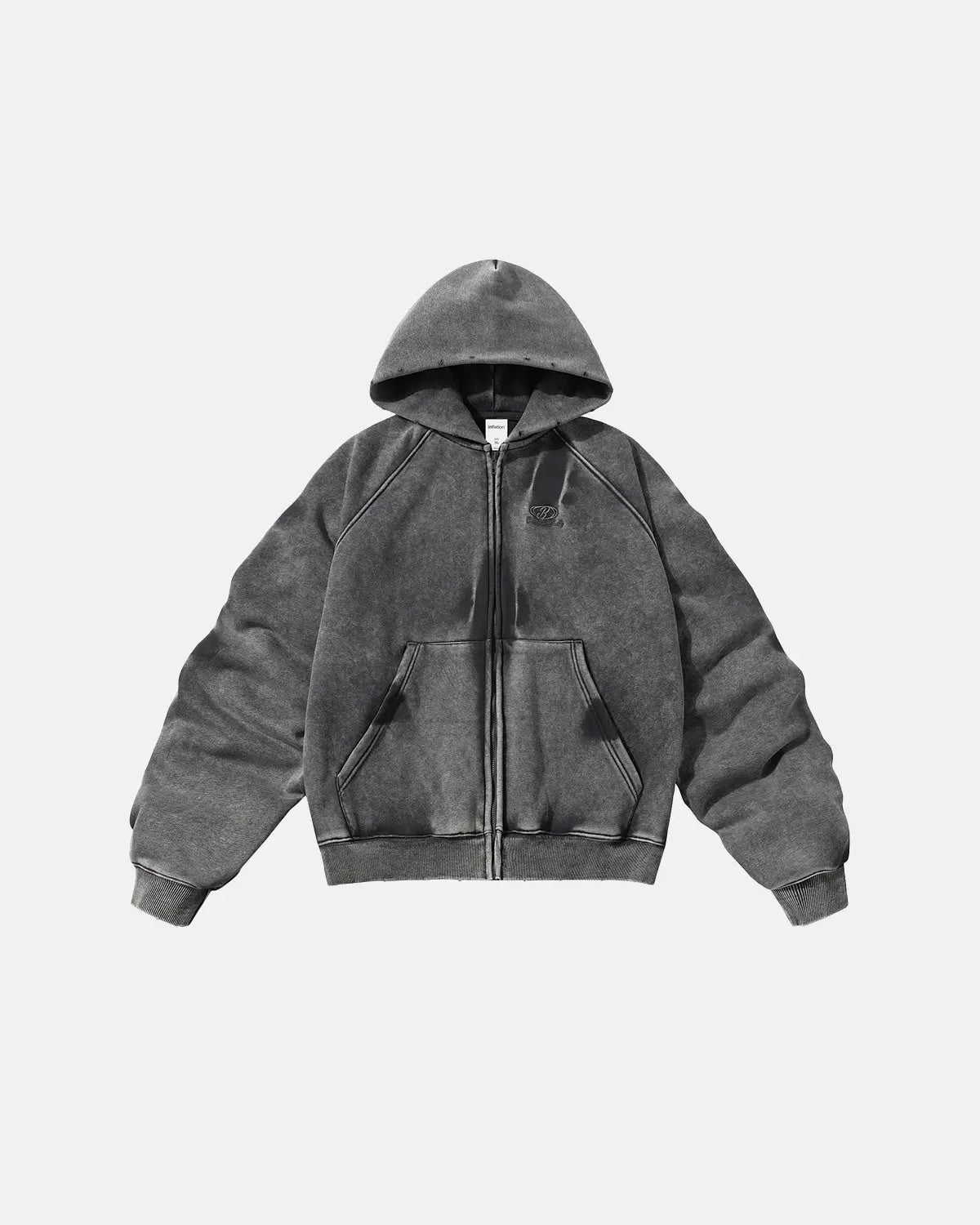 Inflation streetwear acid washed embroidery zip-up hoodie featuring embroidered details and a casual fit, displayed on a hanger.