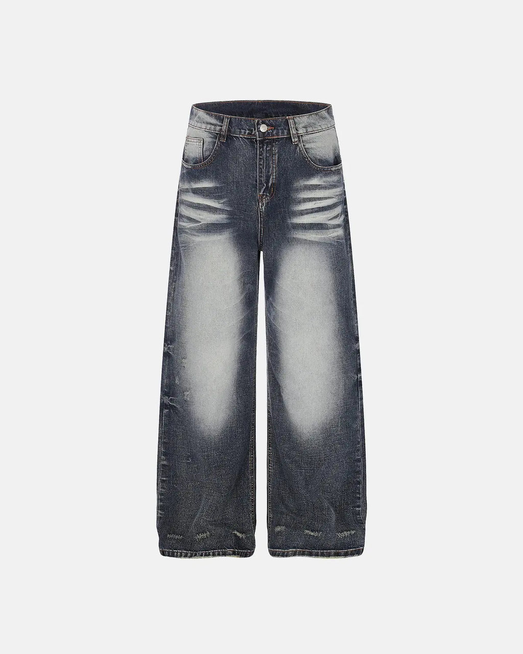 Faded Whisker Baggy Jeans by INFLATION featuring relaxed fit, distressed denim, and faded wash, worn by a model.