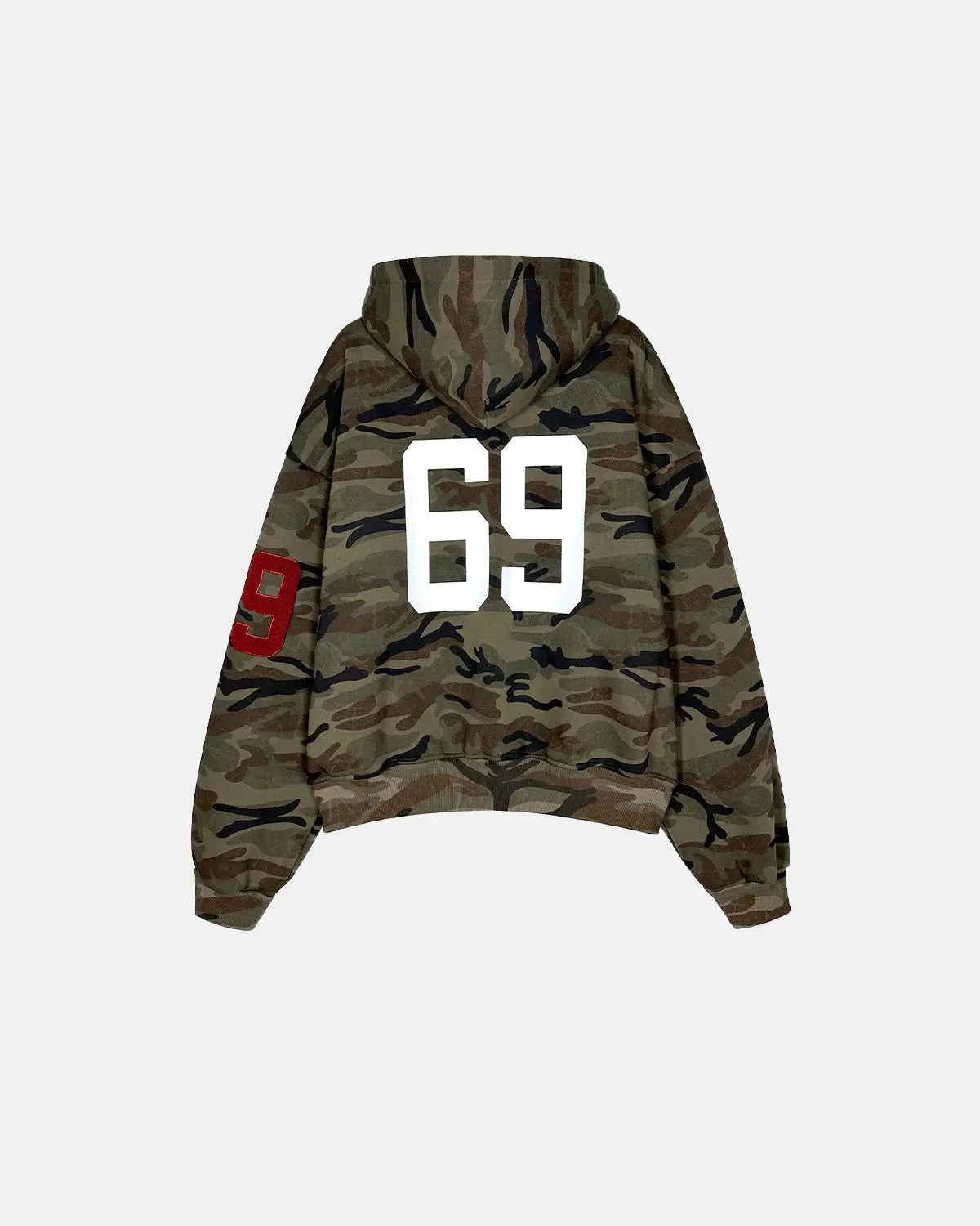 Inflation Streetwear 69 Applique Embroidery camo zip-up hoodie with bold applique design and front zipper, casual streetwear style.