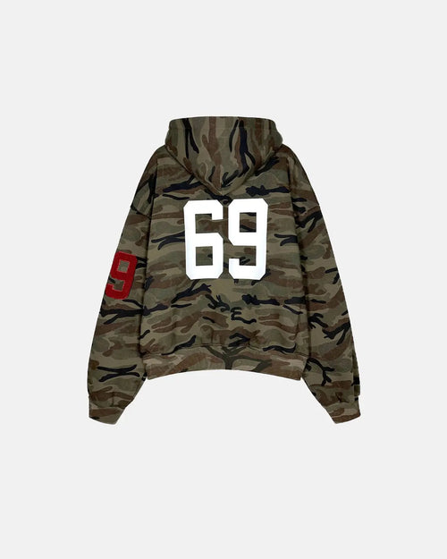 Inflation Streetwear 69 Applique Embroidery camo zip-up hoodie with bold applique design and front zipper, casual streetwear style.