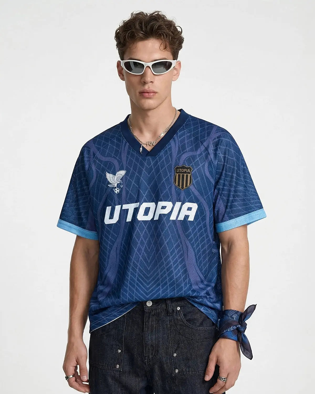 Inflation Streetwear geometric pattern mesh jersey t-shirt featuring bold, colorful geometric designs on lightweight fabric.